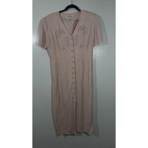 Vtg Pink Pour Soie FASHIONS Mid-Calf PADDED Short Sleeve BUTTON DRESS/Size 12